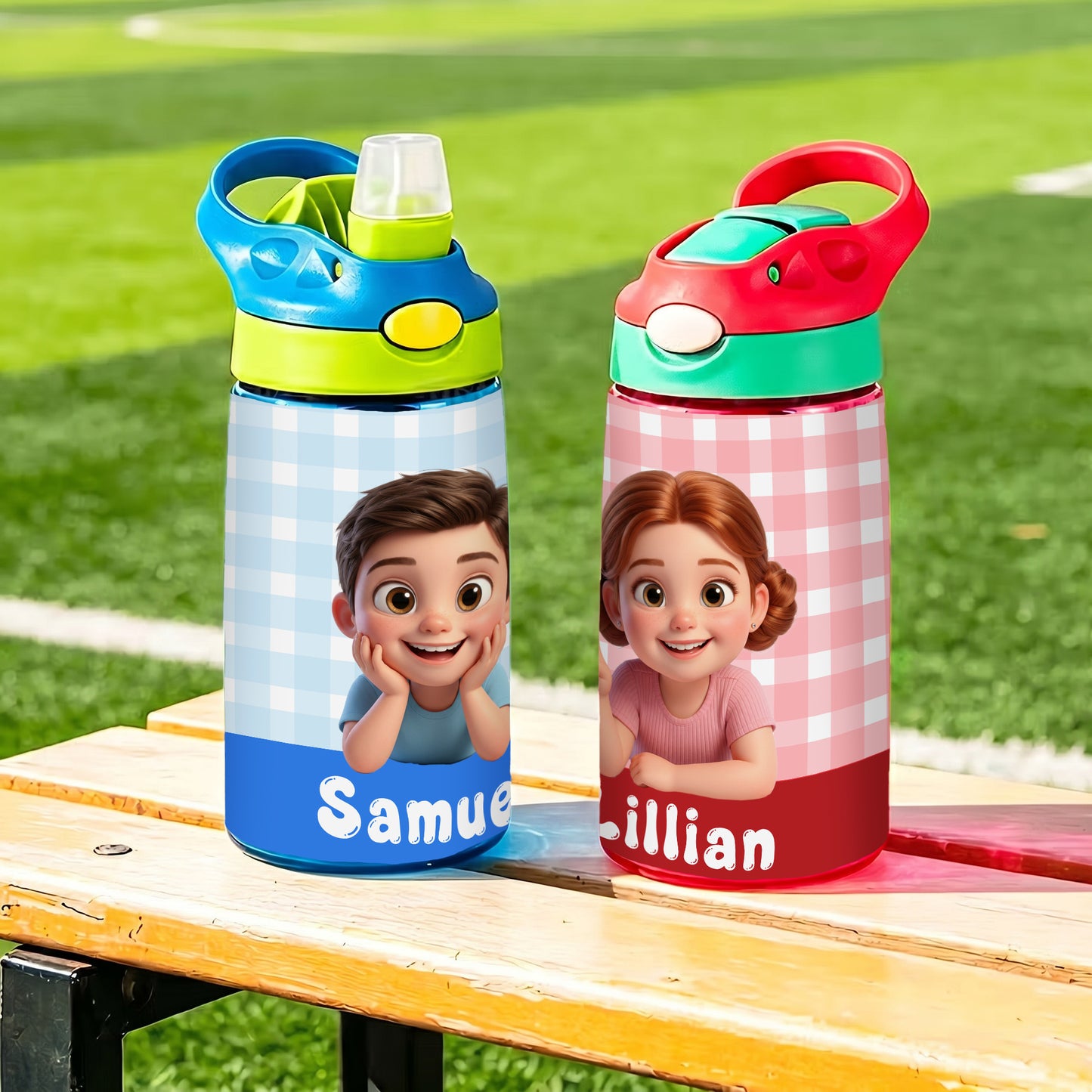 Personalized Cartoon Character Photo Water Bottle with Name and Silicone Straw Outdoor Activities Birthday Back to School Gift for Students Kids