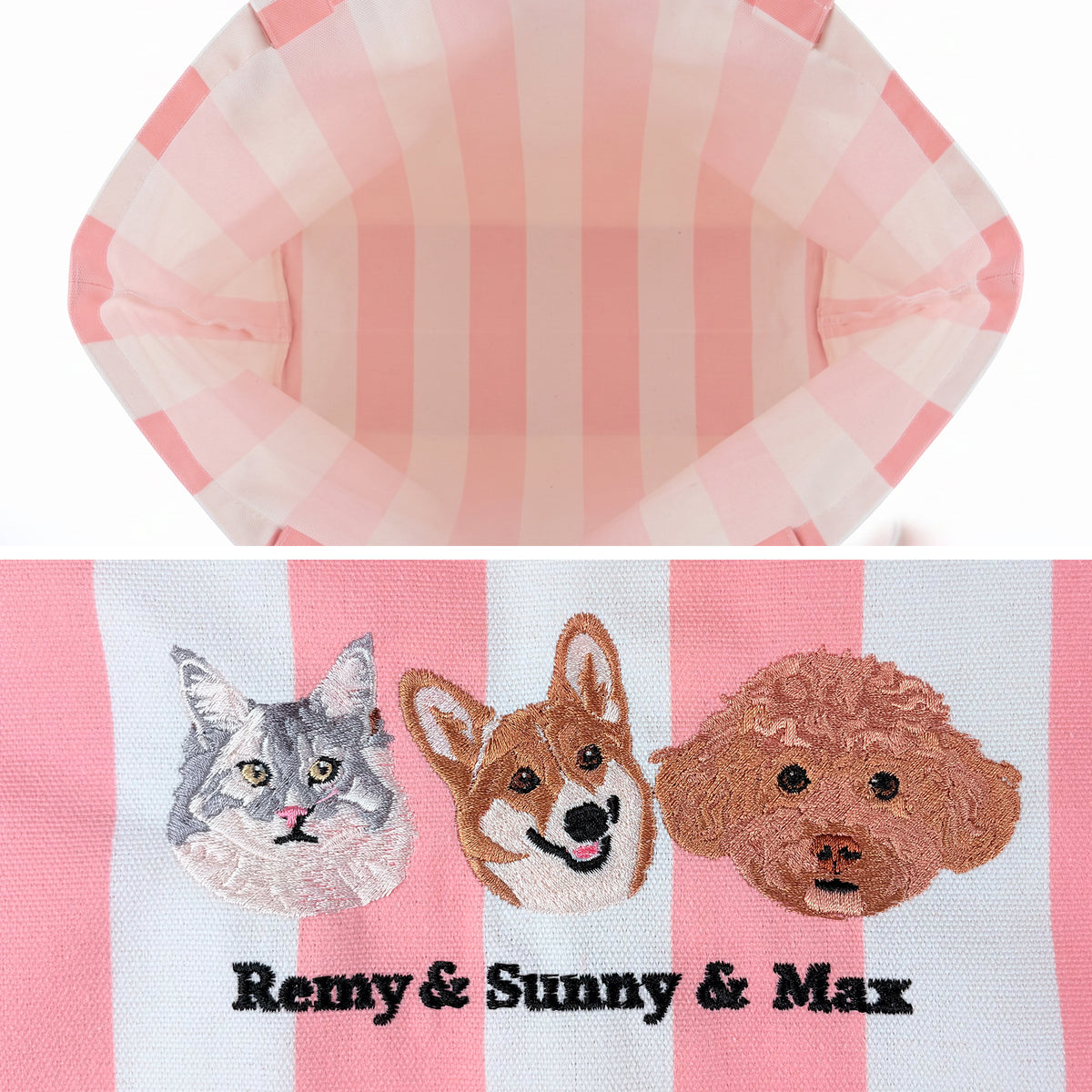 Personalized Pet Photo Embroidery Striped Large Tote Bag with 1-3 Names Daily Use Birthday Gift for Dog Cat Pet Owner Lovers