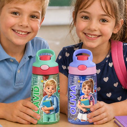Personalized 3D-Style Design Cartoon Photo 16 oz Kid Water Bottle with Name and Silicone Straw Back to School Birthday Gift for Boys Girls