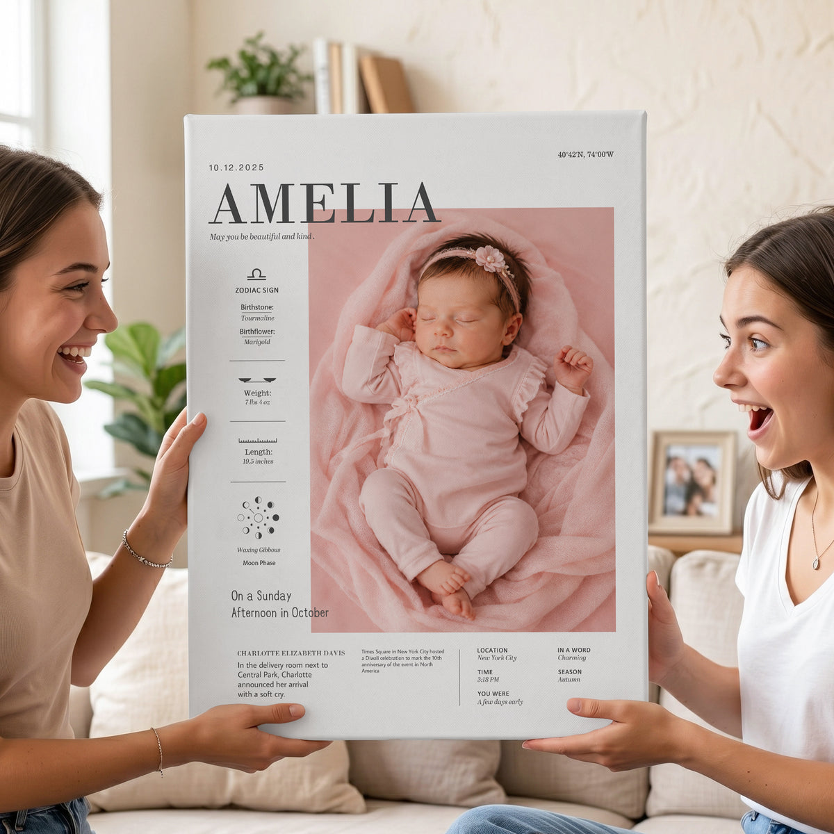 Personalized Modern Baby Photo Birth Information Canvas Prints with Name Nursery Decor Ship from USA Baby Shower Birthday Gift for Newborn New Parent