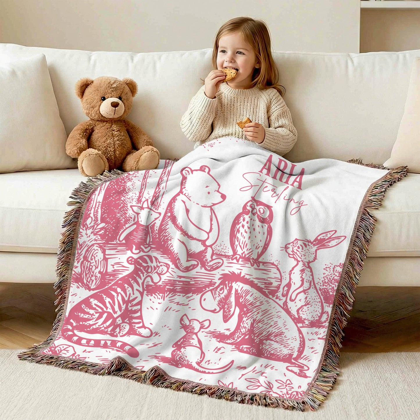 Personalized Vintage Classic Winnie the Pooh Friends Sketch Soft Throw Blanket with Name Baby Shower Birthday Gift for Newborns Kids