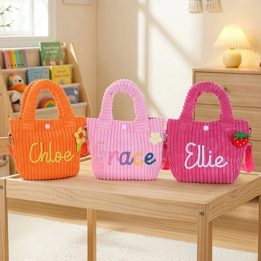 Personalized Cute Flower Lollipop Strawberry Name Corduroy Crossbody Bag Birthday Back to School Gift for Kids Girls Boys Toddlers