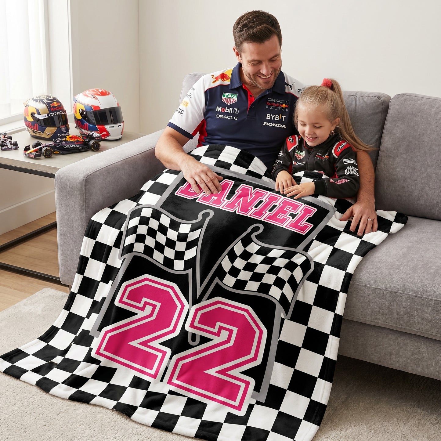 Personalized Checkered Flag Racing Design Soft Throw Blanket with Name and Number Home Decor Father's Day Birthday Gift for Man Racing Enthusiast