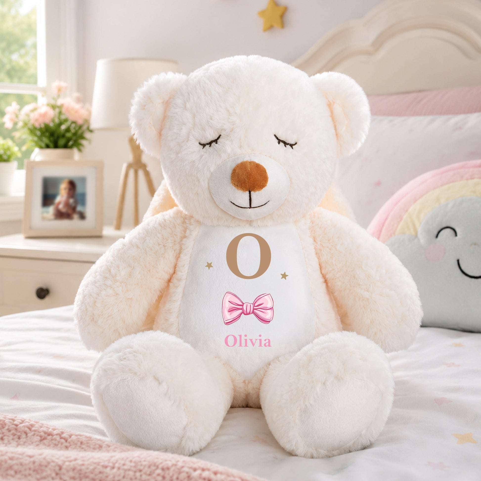 Personalized Cute Bow Bunny Bear Plush Toy with Name and Initial Daily Use Birthday Gift for Couple Kids