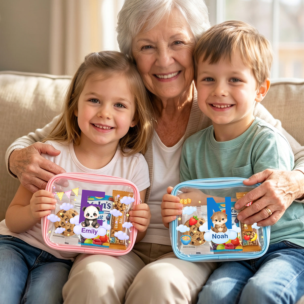 Personalized Cartoon Animal Portable Waterproof Clear Snack Bag with Name and Initial Travel Daily Use Back to School Birthday Gift  for Boys Girls