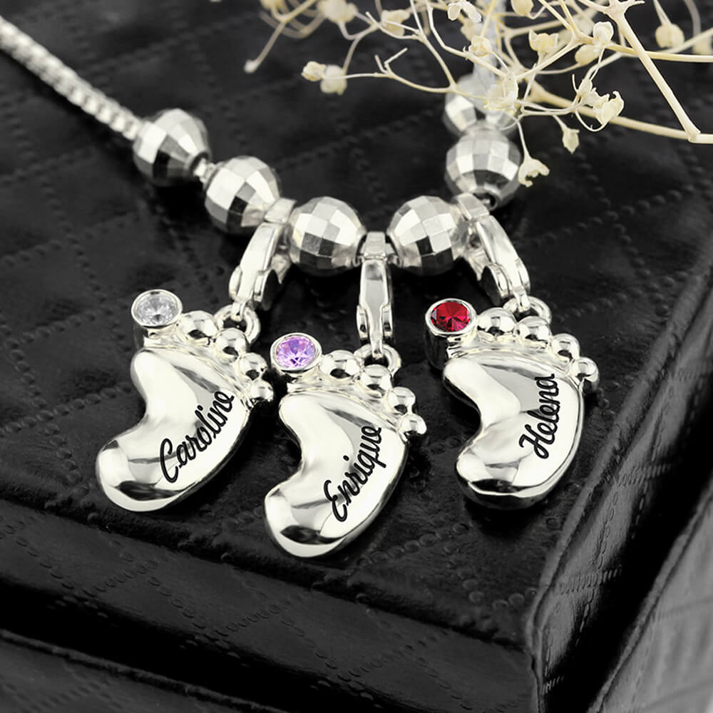 3D Mothers Necklace Baby Feet Name and Birthstone Charm | Callie