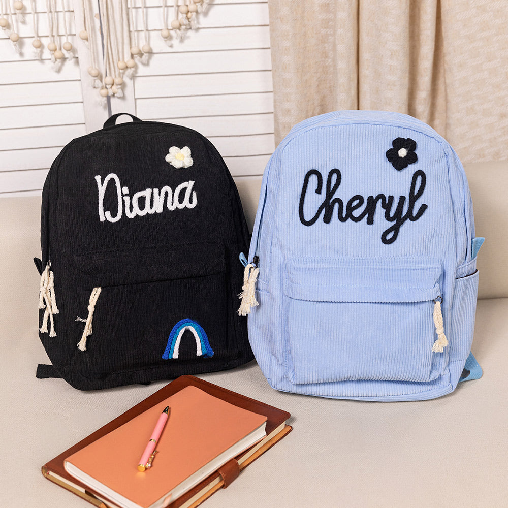 Personalized Braided Flower Rainbow Name Corduroy Kid Toddler Backpack for Preschool Kindergarten Birthday Back to School Gift for Boys Girls