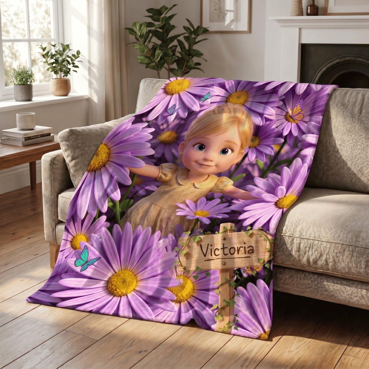 Personalized Birth Flower Cartoon Character Photo Soft Throw Blanket with Name Home Decor Birthday Gift for Kids