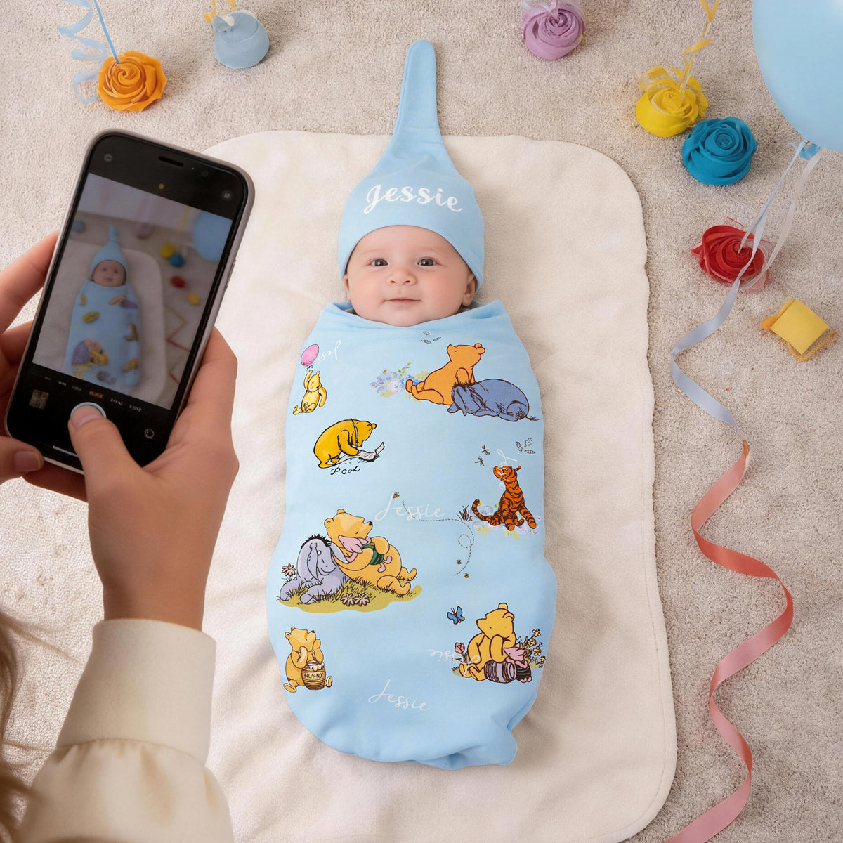 Personalized Classic Winnie the Pooh 100% Cotton Soft Swaddle Hat Set with Name Birthday Baby Shower Gift for Baby Newborn