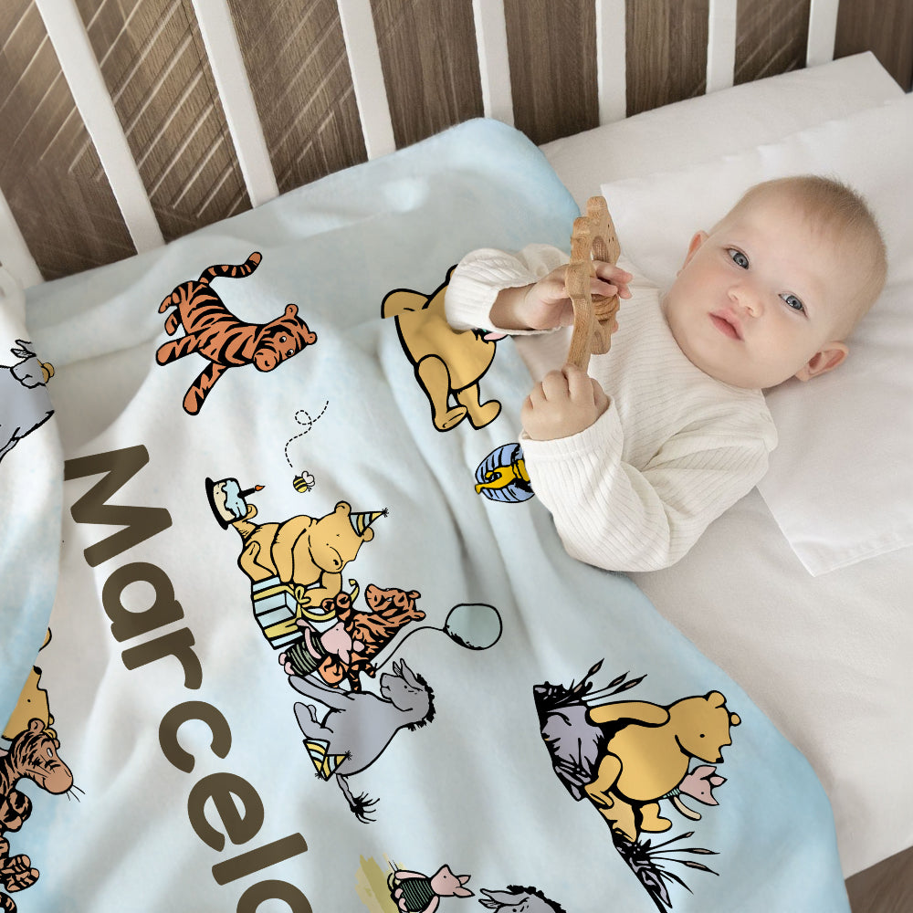 Personalized Classic Winnie the Pooh Illustration Soft Throw Blanket with Name Nursery Decor Birthday Baby Shower Gift for Newborns Boys Girls