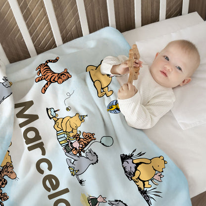 Personalized Classic Winnie the Pooh Illustration Soft Throw Blanket with Name Nursery Decor Birthday Baby Shower Gift for Newborns Boys Girls