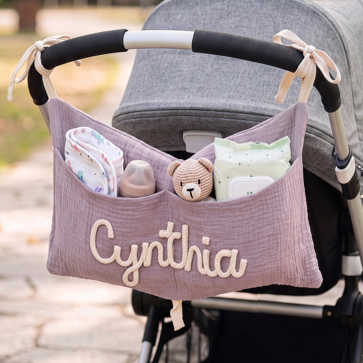 Personalized Soft Cotton Linen Hanging Storage Bag with Knit Name Car Seat Organizer & Crib Nursery Storage Decor Baby Shower Gift for Kids