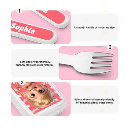 Custom Cute Cartoon Photo Kid Fork Spoon Knife 3 Pcs Cutlery Set | Safe Stainless Steel, Birthday Gift for Boys Girls