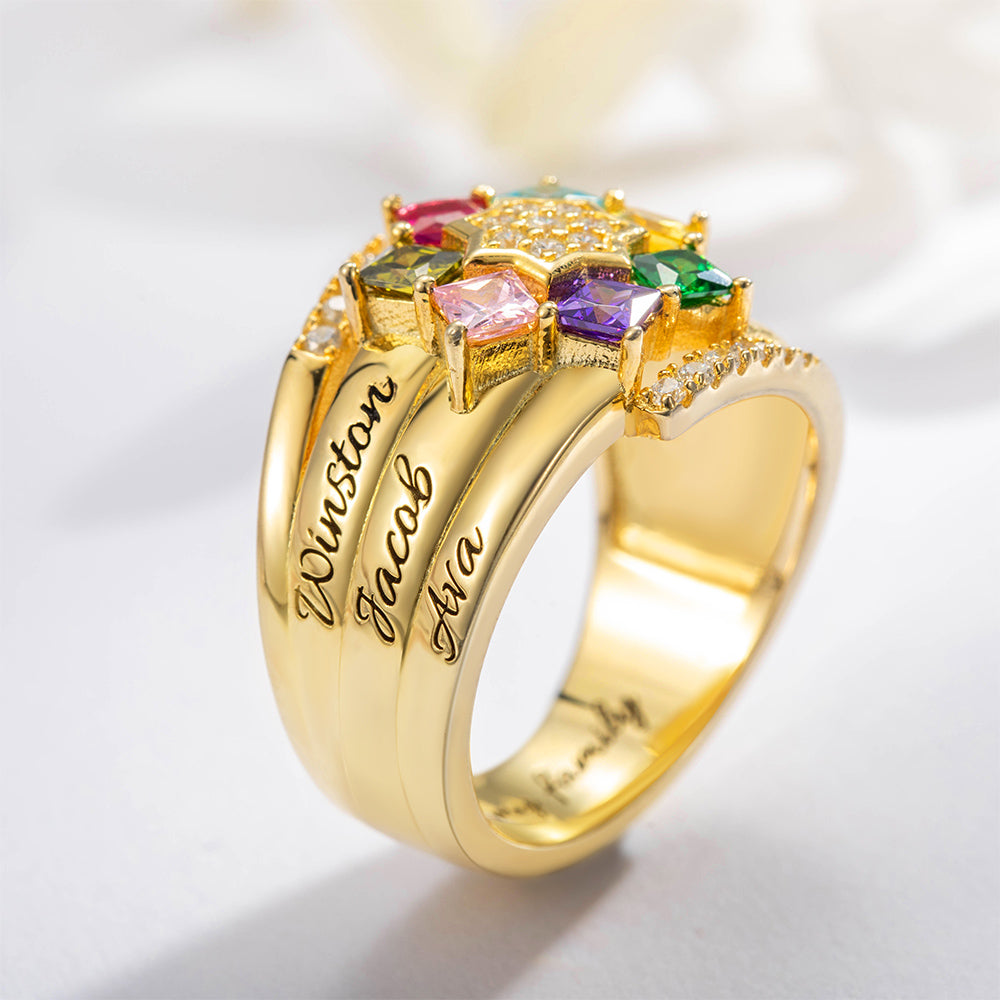 Personalized 1- 9 Square Birthstone Ring with Engraved Name Family Couple Sterling Silver Jewelry Birthday Valentine's Day Gift for Her