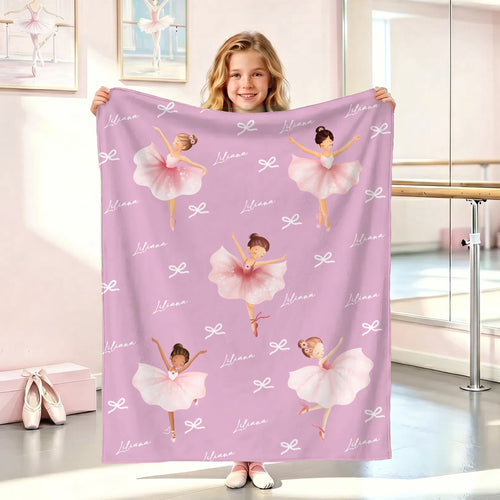 Personalized Ballerina Girl Bow Pattern Soft Throw Blanket with Name Room Decor Birthday Baby Shower Gift for Ballet Lovers Girls Daughters