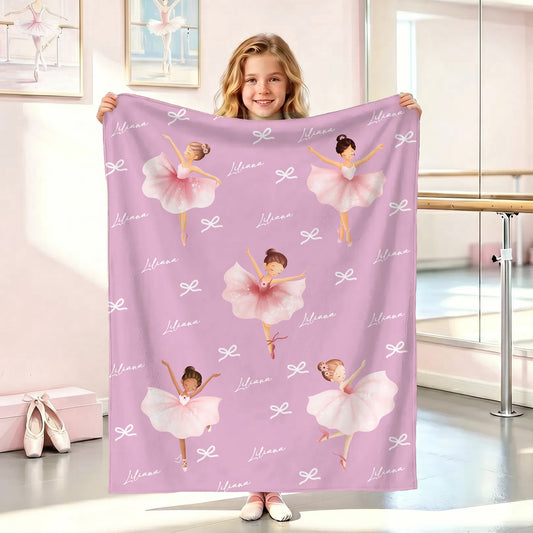 Personalized Ballerina Girl Bow Pattern Soft Throw Blanket with Name Room Decor Birthday Baby Shower Gift for Ballet Lovers Girls Daughters
