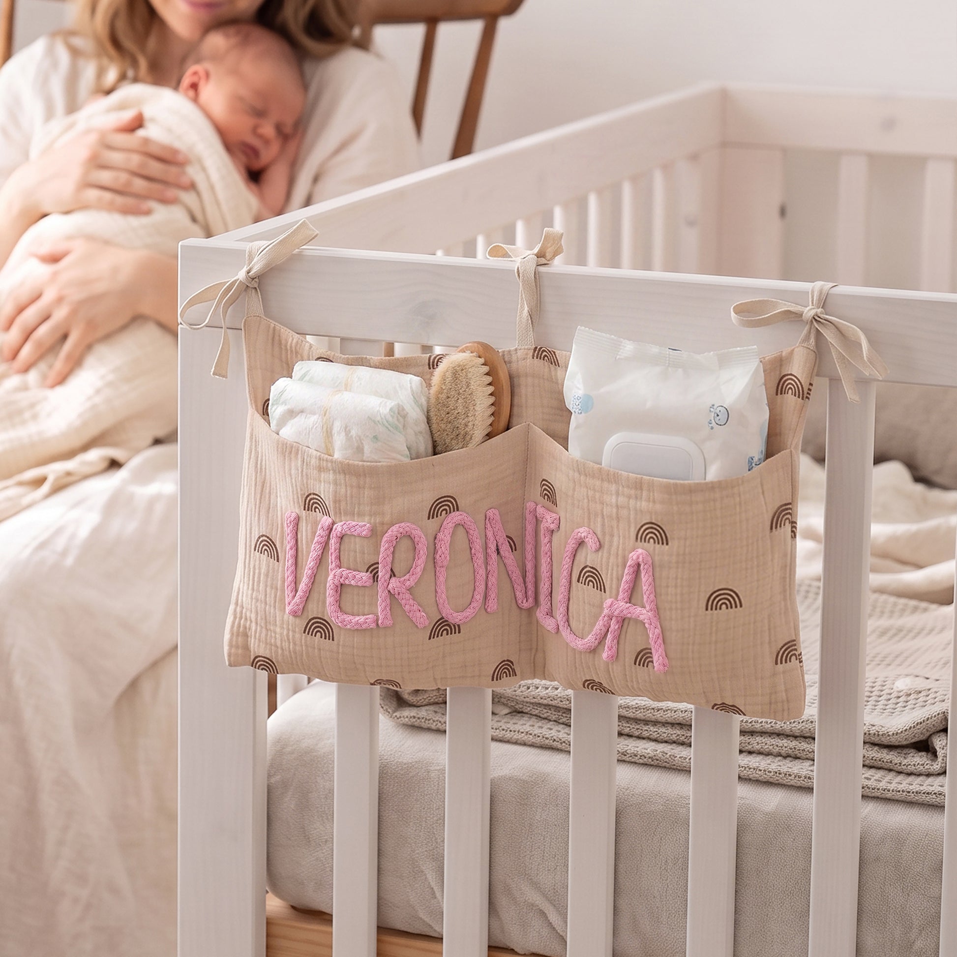 Personalized Soft Cotton Linen Hanging Storage Bag with Knit Name Car Seat Organizer & Crib Nursery Storage Decor Baby Shower Gift for Kids