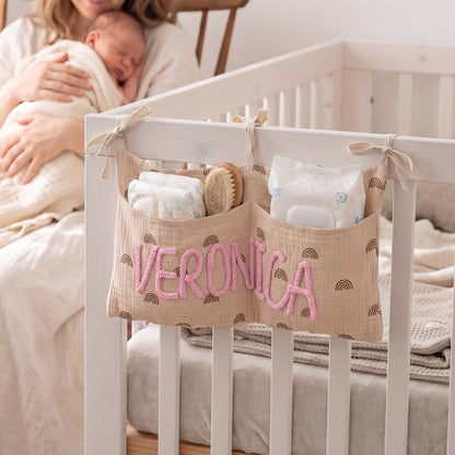 Personalized Soft Cotton Linen Hanging Storage Bag with Knit Name Car Seat Organizer & Crib Nursery Storage Decor Baby Shower Gift for Kids