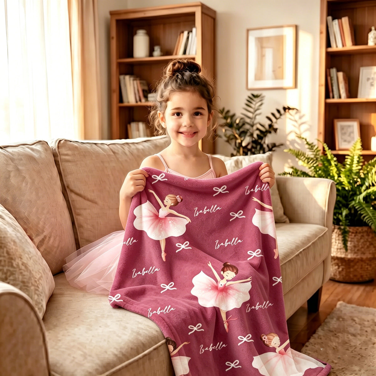 Personalized Ballerina Girl Bow Pattern Soft Throw Blanket with Name Room Decor Birthday Baby Shower Gift for Ballet Lovers Girls Daughters
