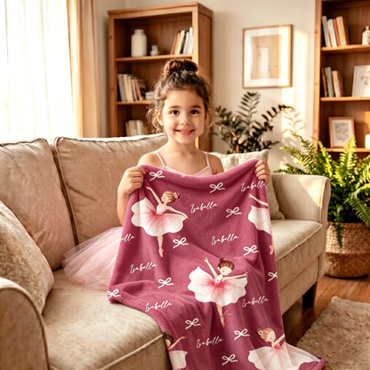 Personalized Ballerina Girl Bow Pattern Soft Throw Blanket with Name Room Decor Birthday Baby Shower Gift for Ballet Lovers Girls Daughters
