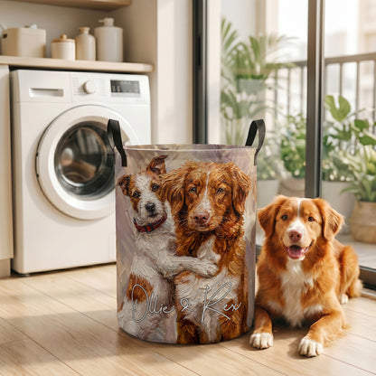 Personalized Oil Painting Style Pet Photo Large Capacity Laundry Basket with Name and Handle Nursery Decor Birthday Gift for Pet Owner Lover