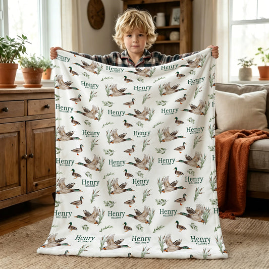 Personalized Watercolor Mallard Duck Pattern Soft Throw Blanket with Name Room Decor Baby Shower Birthday Gift for New Parents Kids