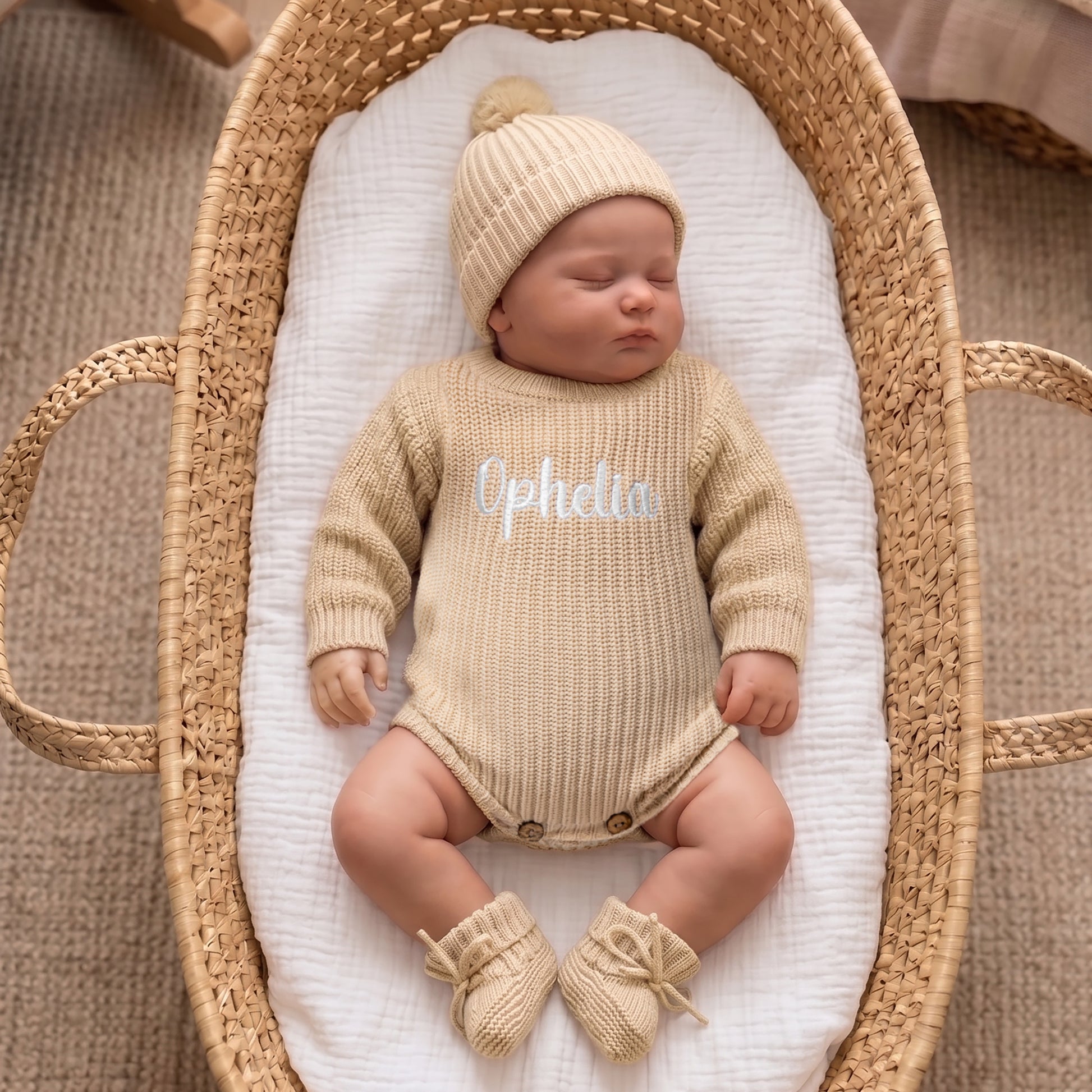 Personalized Multicolor Knitted 100% Cotton Soft Baby Bodysuit Hat Booties Set with Embroidered Name Coming Home Outfit Birthday Gift for Baby Newborn
