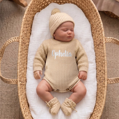 Personalized Multicolor Knitted 100% Cotton Soft Baby Bodysuit Hat Booties Set with Embroidered Name Coming Home Outfit Birthday Gift for Baby Newborn