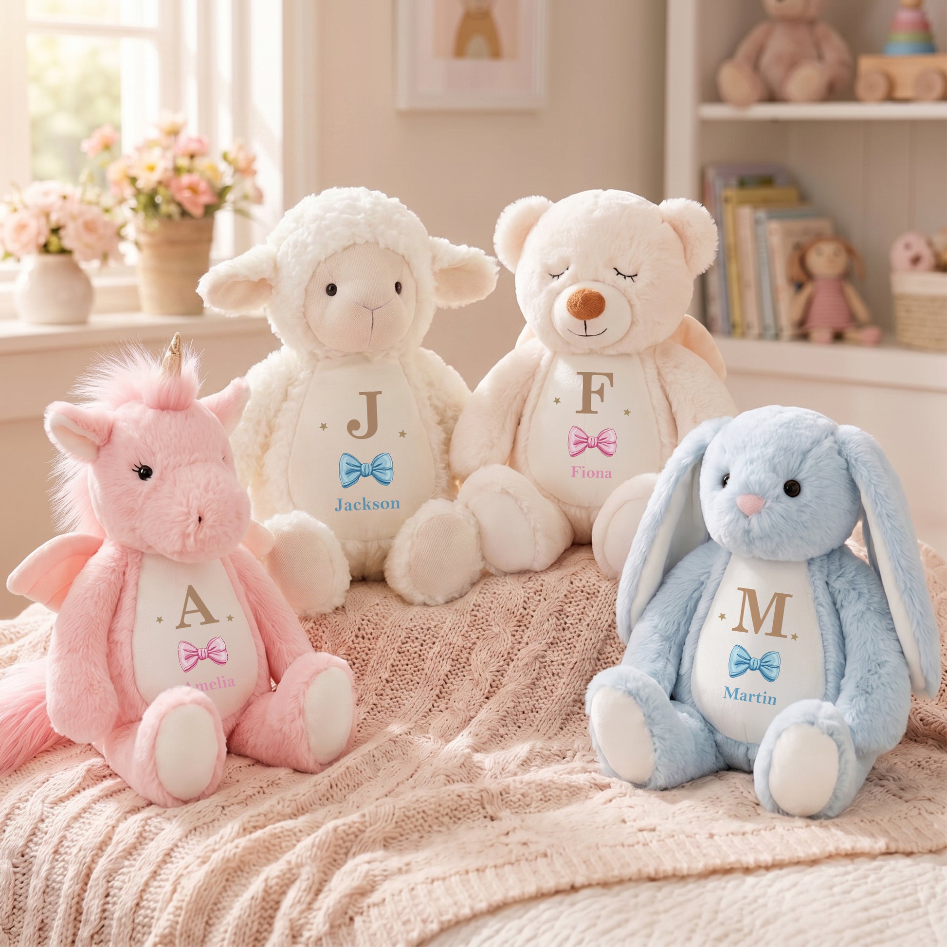 Personalized Cute Bow Bunny Bear Plush Toy with Name and Initial Daily Use Birthday Gift for Couple Kids