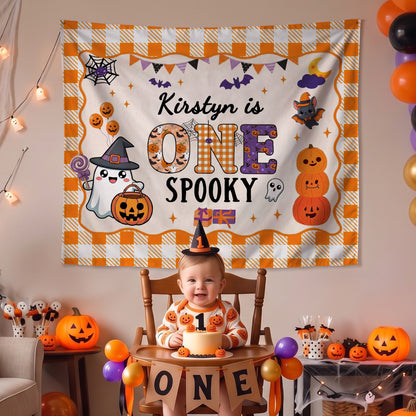 Personalized Cute Bat Pumpkin Ghost Banner with Name Party Backdrop Decor First Birthday Halloween Party Gift for New Parent Baby