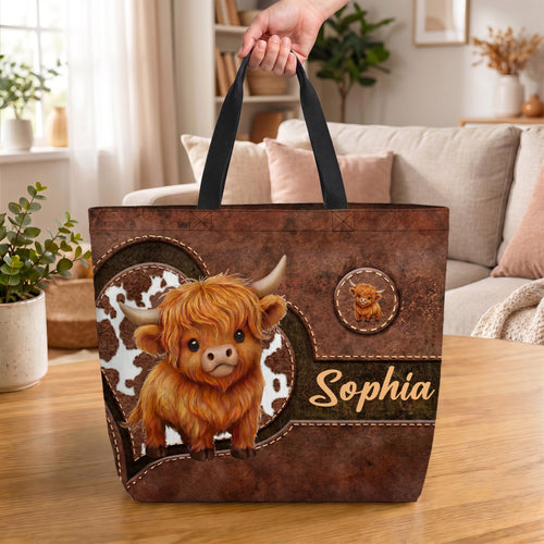 Personalized Cute Cartoon Highland Cow Large Capacity Tote Bag with Name Birthday Gift for Highland Cow Lovers Friends