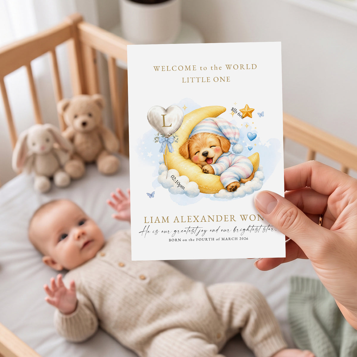 Personalized Watercolor Sleeping Animal Birth Announcement Greeting Card with Name Text and Birth Message Baby Shower Birthday Gift for New Parents