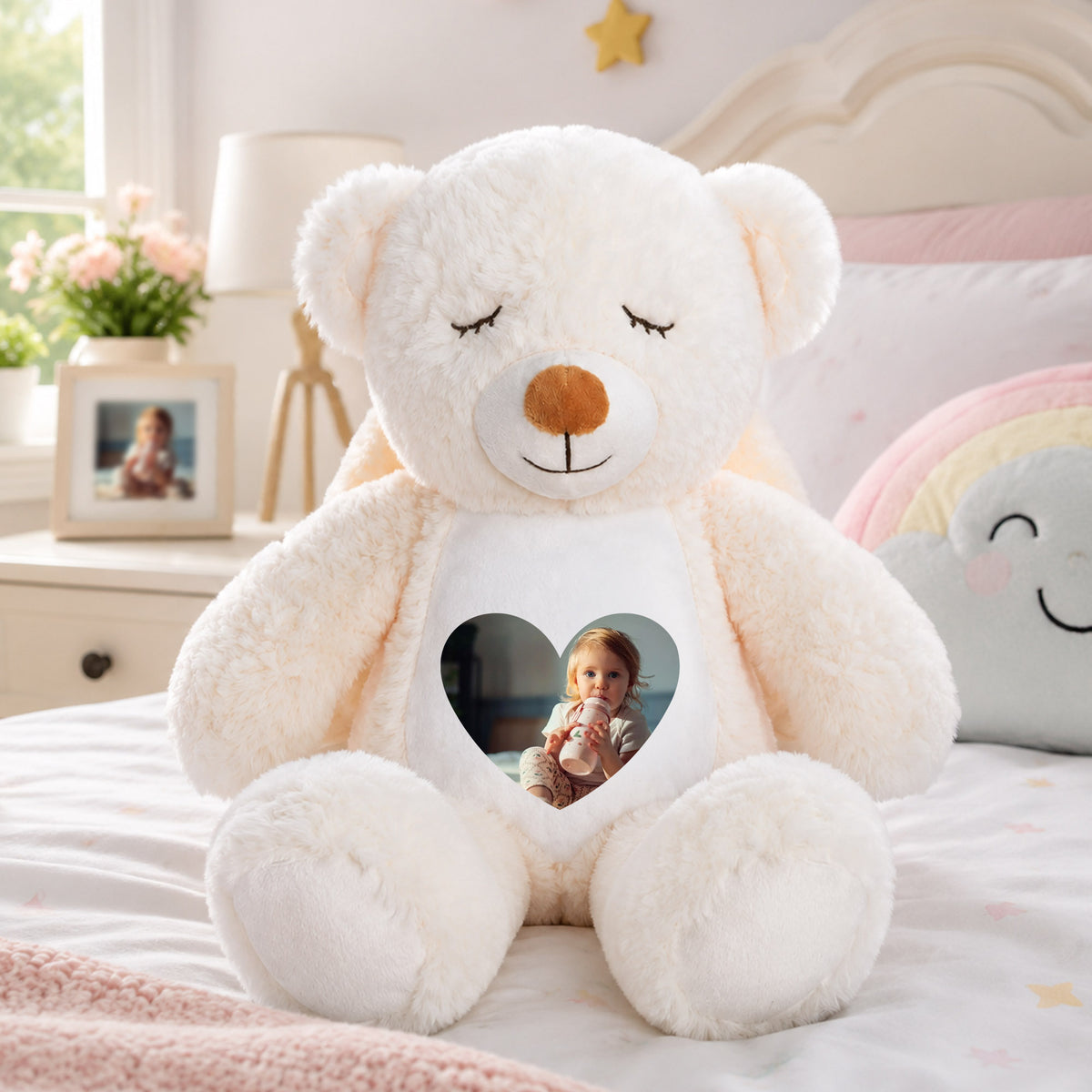 Personalized Cute Cartoon Bunny Bear Plush Toy with Heart Photo Daily Use Birthday Gift for Couple Kids