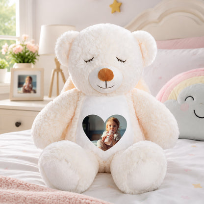Personalized Cute Cartoon Bunny Bear Plush Toy with Heart Photo Daily Use Birthday Gift for Couple Kids