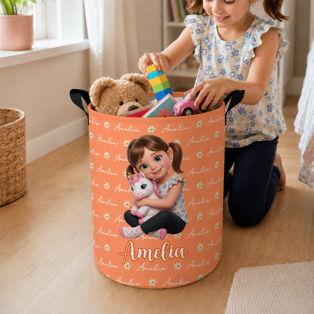 Personalized Fantasy Unicorn Dinosaur Large Capacity Storage Laundry Basket with Name Room Decor Birthday Gift for Kids Boys Girls