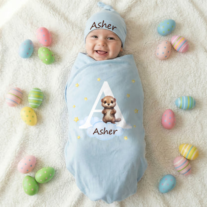 Personalized Cute Animal Star 100% Cotton Baby Romper Hat Blanket Outfit with Name and Gift Box Baby Shower Coming Home Gift for Newborn