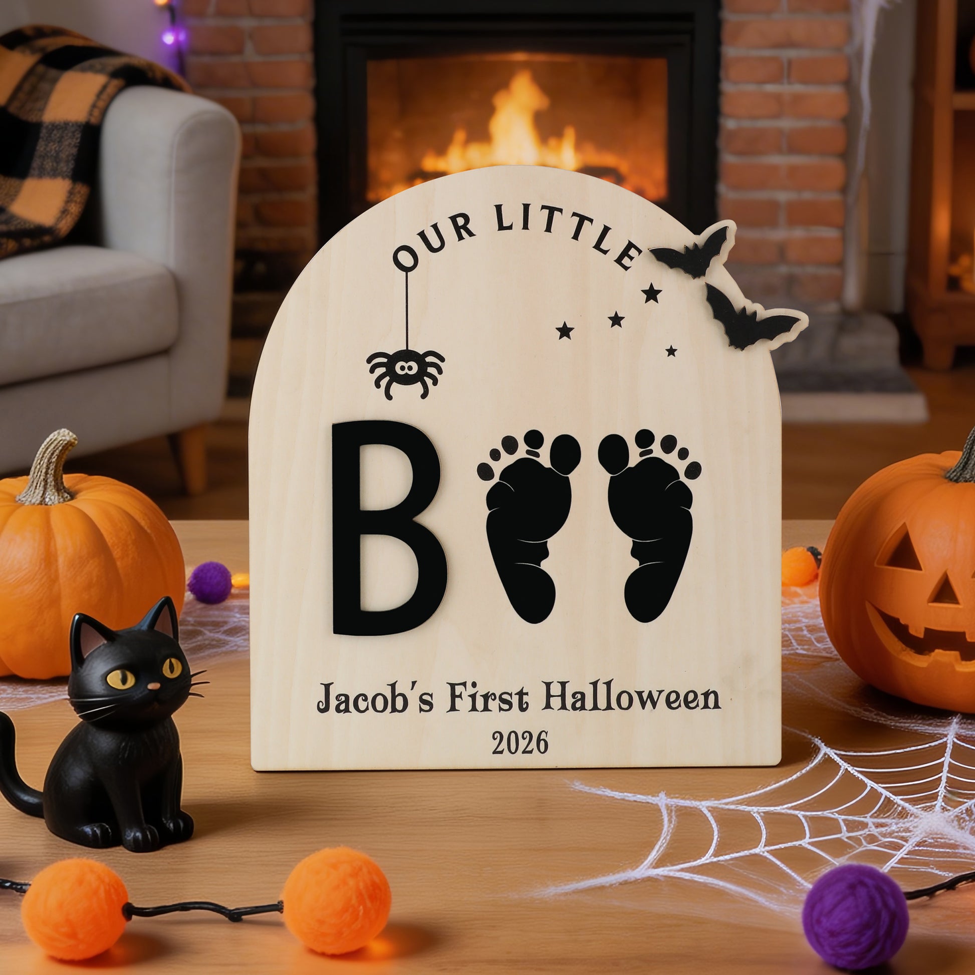 Personalized Ghost Bat Wooden DIY Footprint Art Sign with Name and Year Baby's First Halloween Gift for Baby New Parent