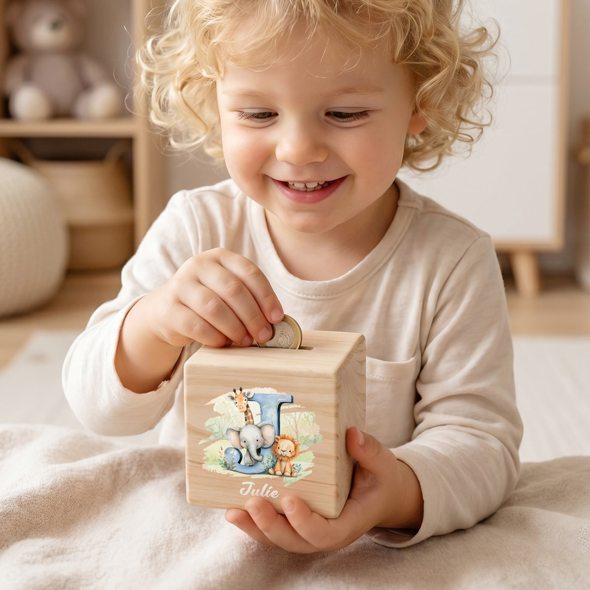 Personalized Initial Cute Animal Pattern Wooden Cube Money Box with Name Kids Room Decor Birthday Children's Day Gift for Boys Girls