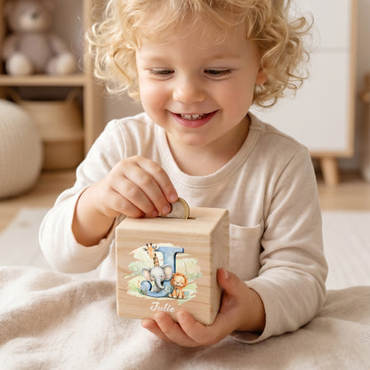 Personalized Initial Cute Animal Pattern Wooden Cube Money Box with Name Kids Room Decor Birthday Children's Day Gift for Boys Girls