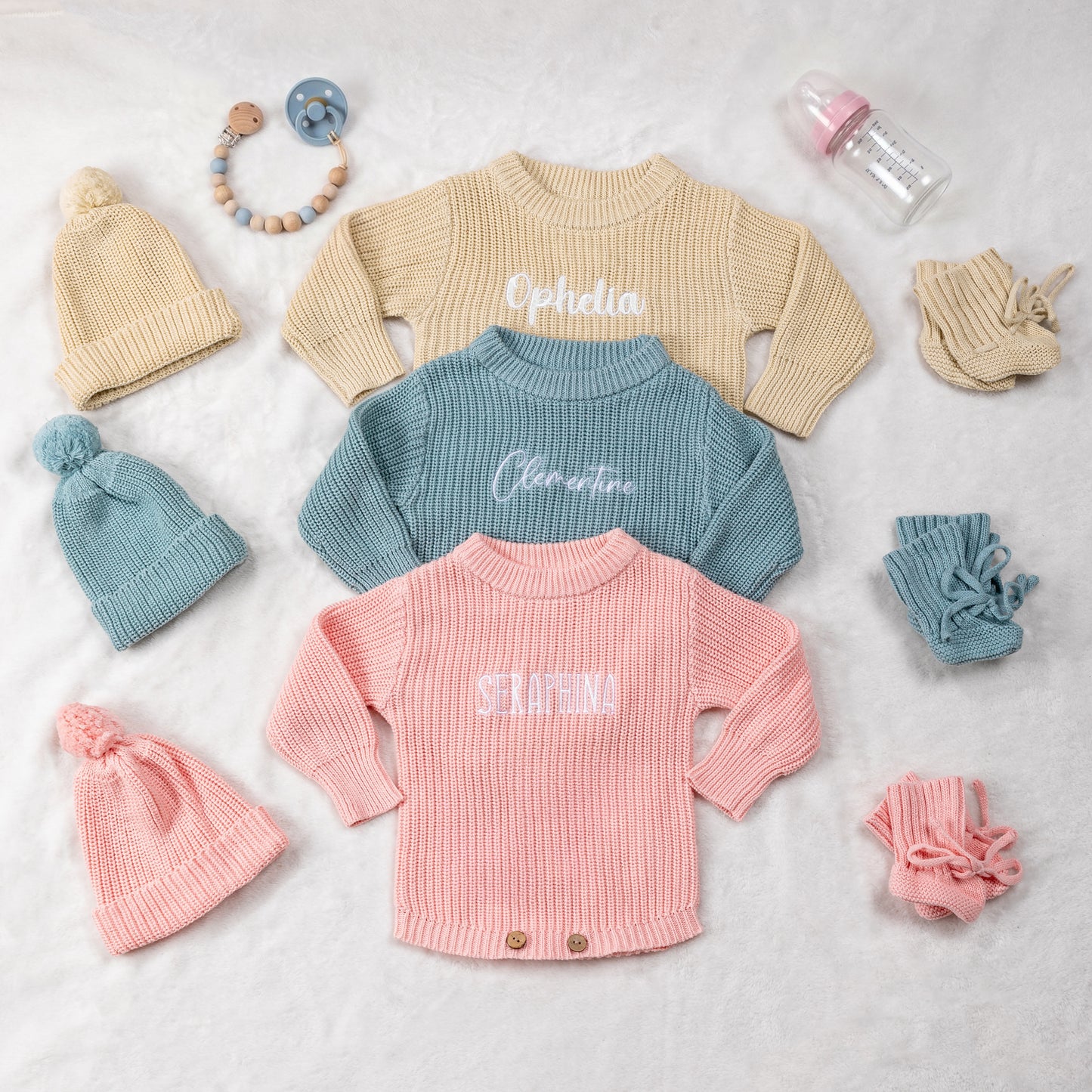 Personalized Multicolor Knitted 100% Cotton Soft Baby Bodysuit Hat Booties Set with Embroidered Name Coming Home Outfit Birthday Gift for Baby Newborn