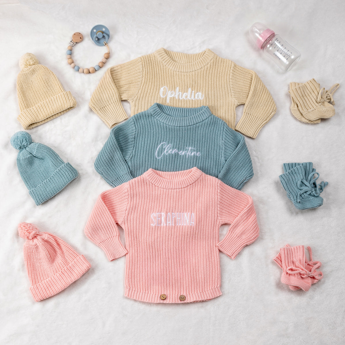 Personalized Multicolor Knitted 100% Cotton Soft Baby Bodysuit Hat Booties Set with Embroidered Name Coming Home Outfit Birthday Gift for Baby Newborn