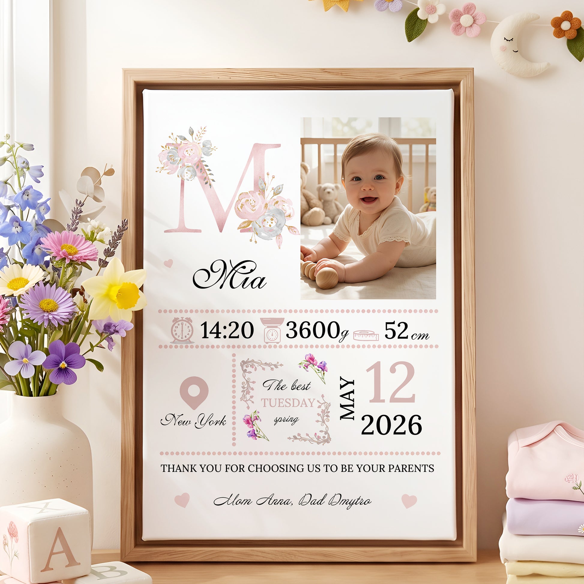 Personalized Birth Flower Photo Canvas Prints with Name Year and Title Warm Minimalist Nursery Decor Ship from USA Birthday Gift for Parents Family