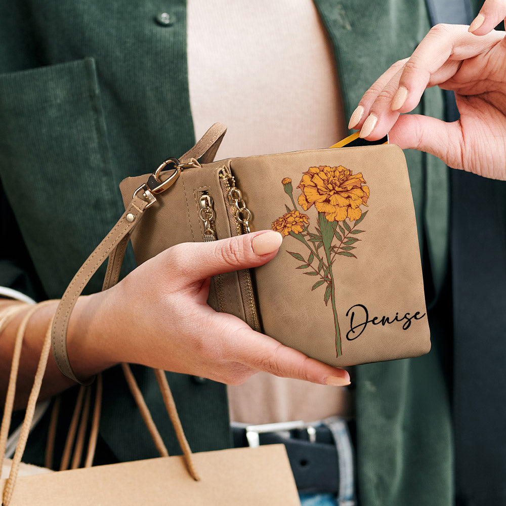Personalized Watercolor Birth Flower Tri-Fold PU Leather Wristlet Wallet with Card Holder and Name Birthday Anniversary Gift for Women