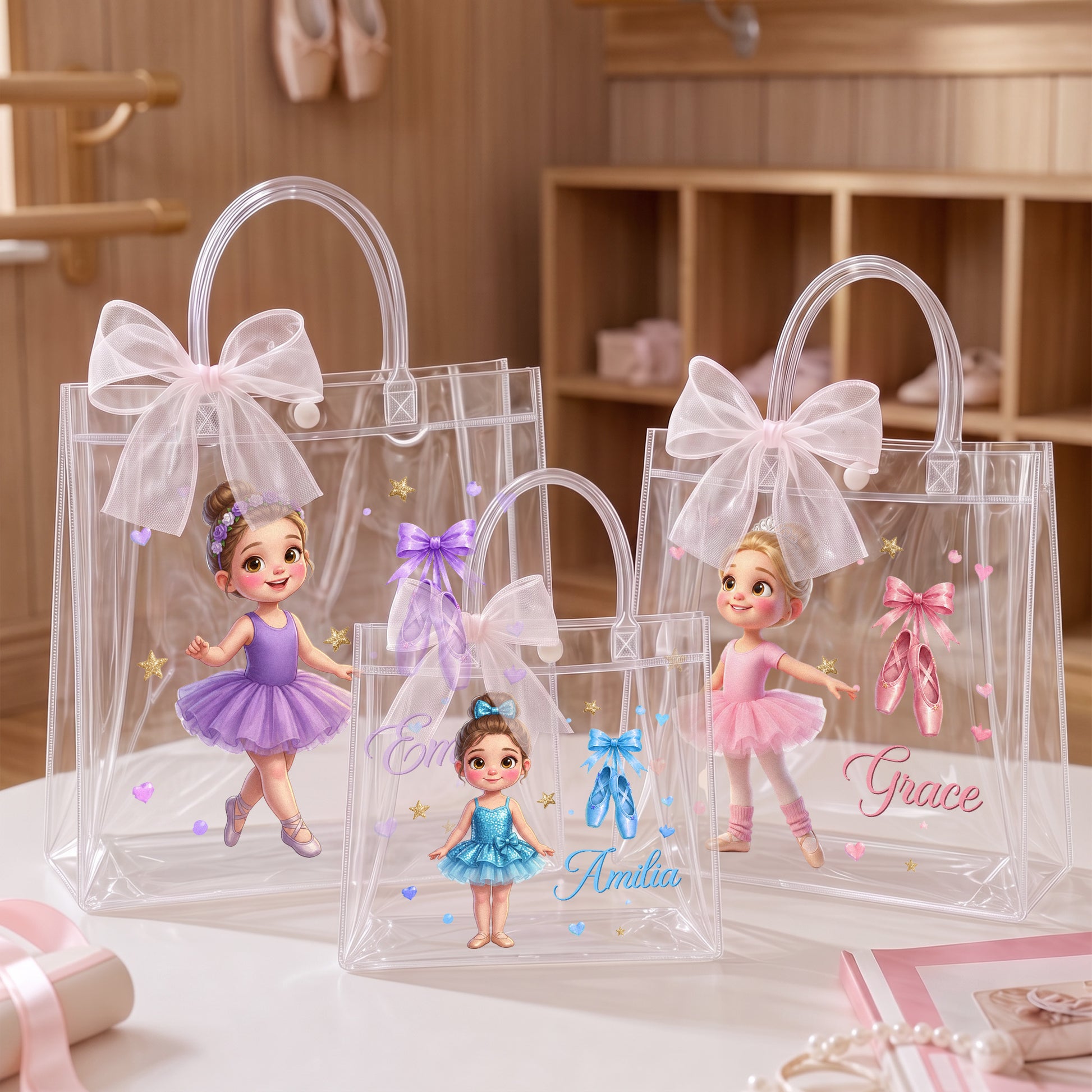 Personalized Cartoon Ballet Girl Photo Design Transparent Bag with Name and Ribbon Daily Use Dance Class Birthday Gift for Ballet Lovers Girls