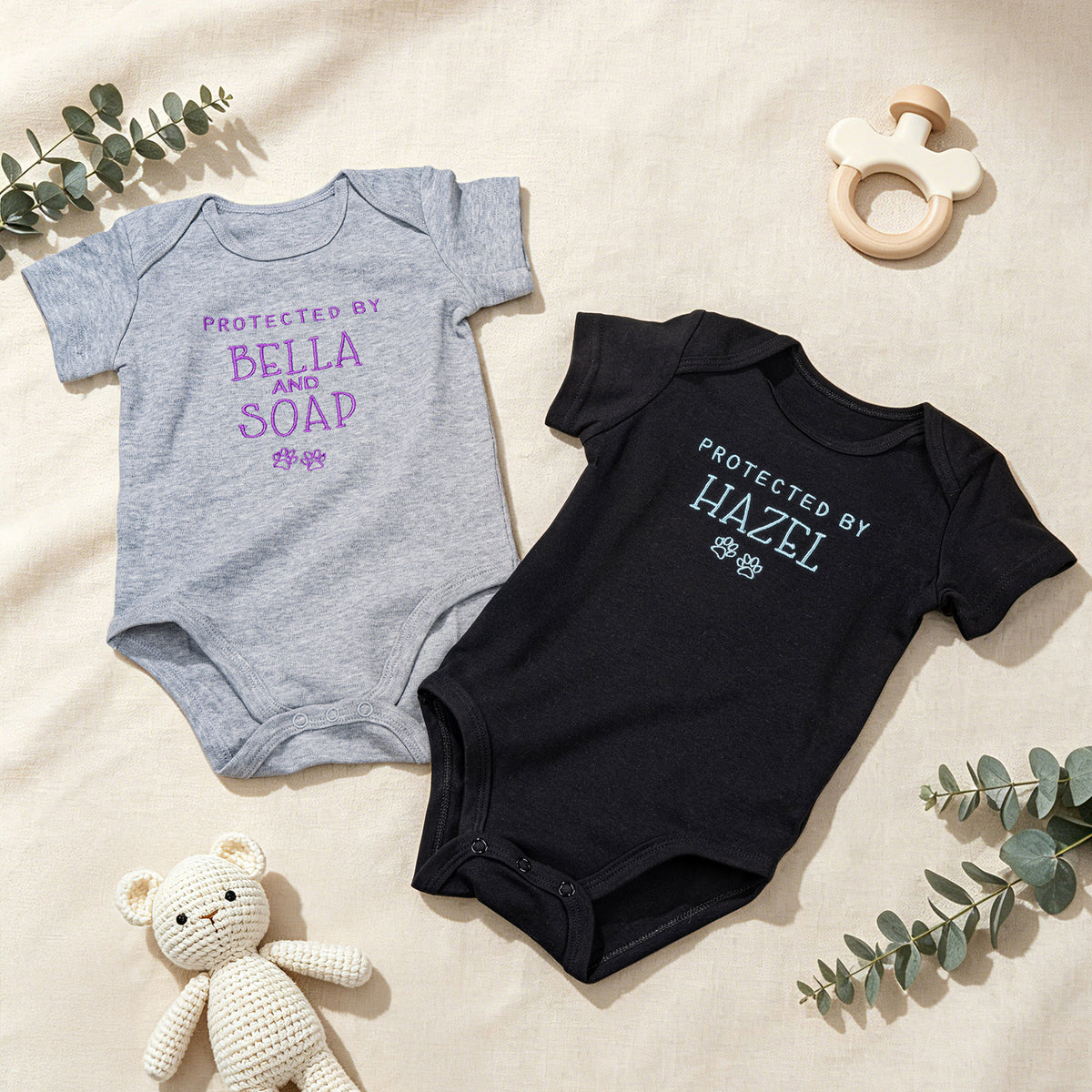 Personalized 100% Cotton Embroidered Protected By Pet Baby Bodysuit with Text and Paw Print Baby Shower Birthday Gift for Newborn Baby