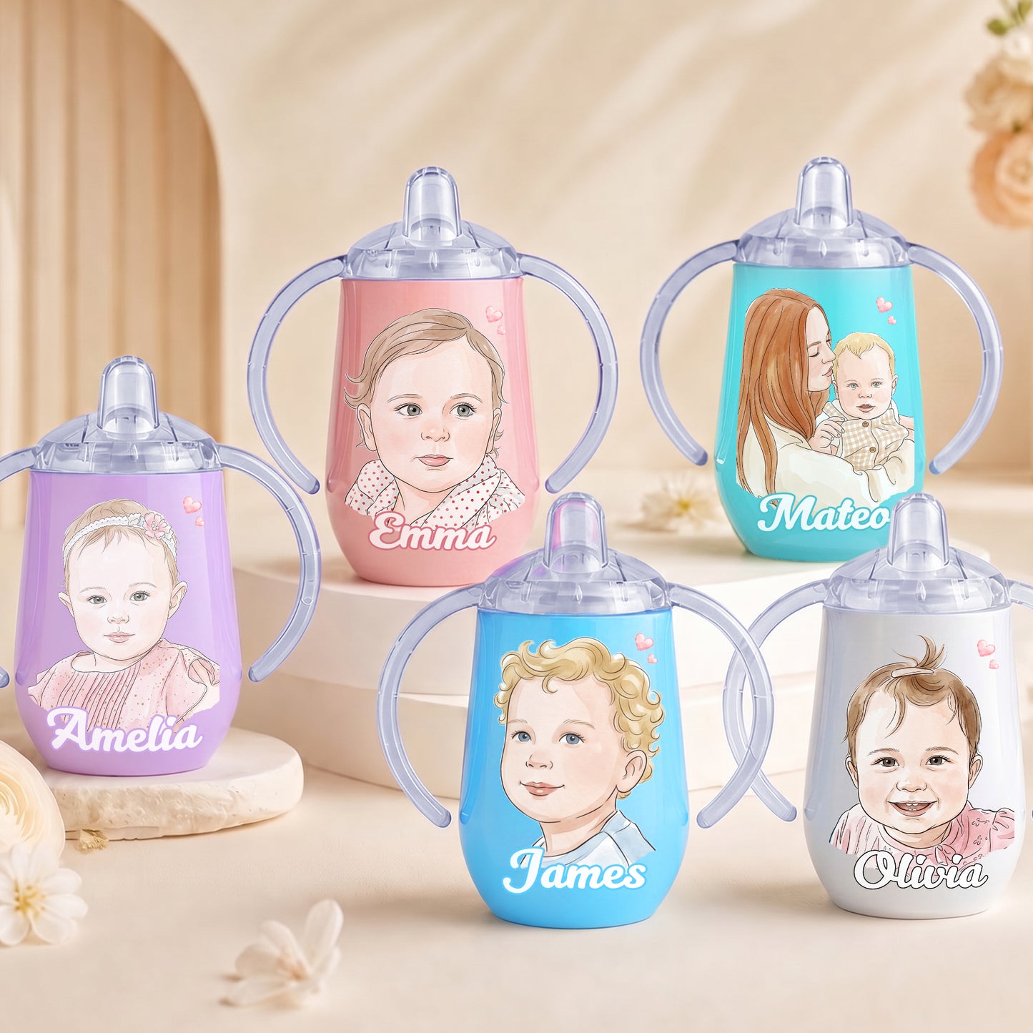 Personalized Watercolor Photo 10 oz Thermal Insulated Sippy Cup with Name Baby Shower Toddler Birthday Gift for Kids Boys Girls
