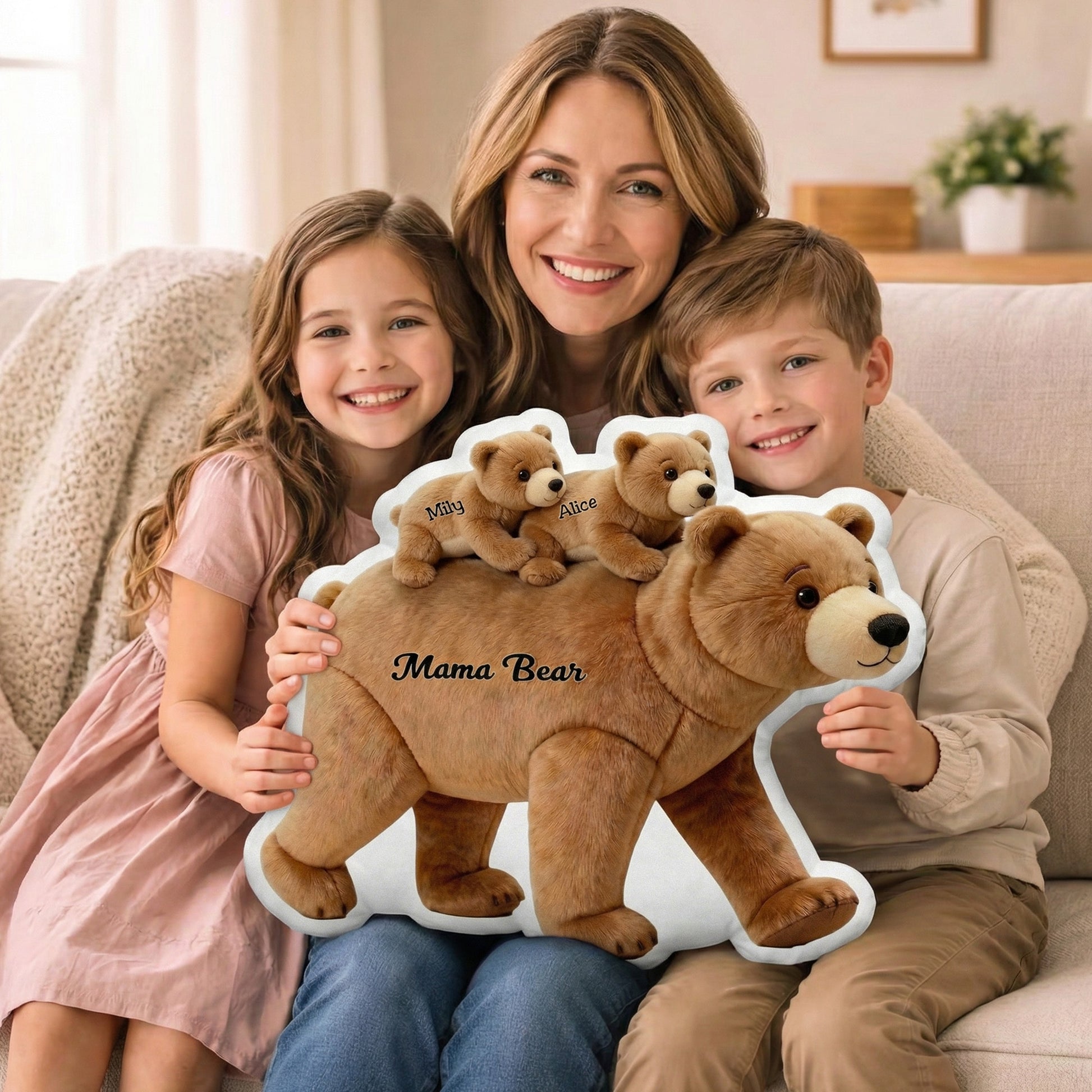 Personalized Mommy Bear Baby Cubs Shaped Throw Pillow with 1-6 Name Mother's Day Birthday Gift for Mom Grandma
