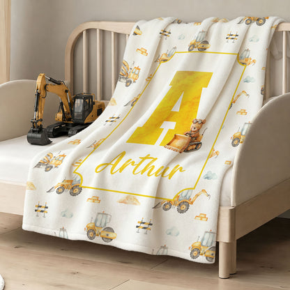 Personalized Cartoon Animal Construction Bulldozer Soft Throw Blanket with Name and Initial Nursery Decor Birthday Baby Shower Gift for New Baby