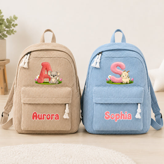 Personalized Cartoon Animal Initial Multicolor Corduroy Backpack with Name Daily Use Birthday Back to School Gift for Kids Toddlers