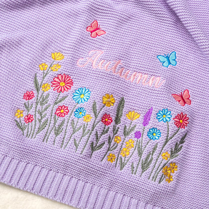 Personalized Embroidered Wildflower Cotton Knit Baby Blanket with Name Birthday Baby Shower Gift for Infants Baby Girls